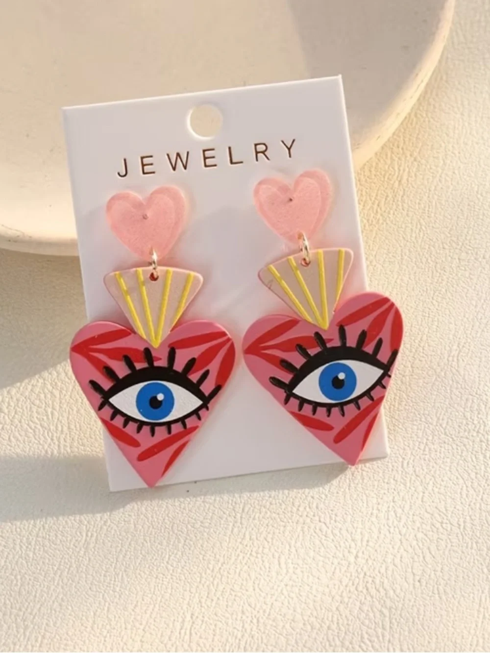 Pink Heart Evil Eye Dangle Earrings - Picture 2 of 2